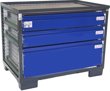 undefined, Gitterbox mit 3 abschließbaren Schubladen aus verzinktem Blech, Fronten blau, LCB-Gitterbox, mit 3 abschließbaren Schubladen, aus verzinktem Blech, Fronten blau