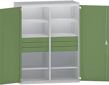 EUROKRAFT, EUROKRAFT Schwerlastschrank JUMBO aus Stahlblech 6 Fachböden, 6 Schubladen 120 mm hoch lichtgrau/resedagrün, 