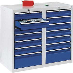 undefined, Schubladenschrank HxBxT 900 x 1000 x 500 mm, 12 Schubladen 100 mm hoch, 2 Schubladen 200 mm hoch Korpus grau, Schubladen enzianblau, stumpf® Schubladenschrank, Schubladen 12x100 + 2x200 mm, HxBxT 900 x 1.000 x 500 mm, lichtgrau/enzianblau