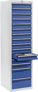 undefined, Schubladenschrank HxBxT 1800 x 500 x 500 mm, 13 Schubladen 100 mm, 2 Schubladen 200 mm hoch Korpus grau, Schubladen enzianblau, stumpf® Schubladenschrank, Schubladen 13x100 + 2x200 mm, HxBxT 1.800 x 500 x 500 mm, lichtgrau/enzianblau