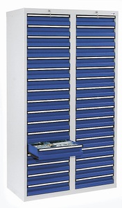 undefined, Schubladenschrank HxBxT 1800 x 1000 x 500 mm, 34 Schubladen 100 mm hoch Korpus grau, Schubladen enzianblau, stumpf® Schubladenschrank, Schubladen 34x100 mm, HxBxT 1.800 x 1.000 x 500 mm, lichtgrau/enzianblau