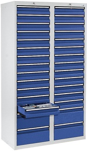 undefined, Schubladenschrank HxBxT 1800 x 1000 x 500 mm, 26 Schubladen 100 mm, 4 Schubladen 200 mm hoch Korpus grau, Schubladen enzianblau, stumpf® Schubladenschrank, Schubladen 26x100 + 4x200 mm, HxBxT 1.800 x 1.000 x 500 mm, lichtgrau/enzianblau