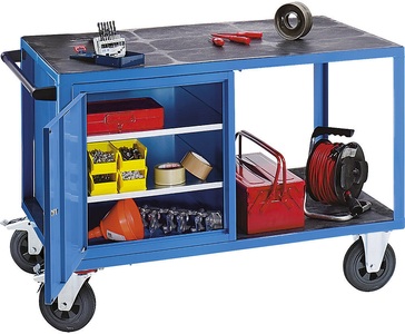 EUROKRAFT, EUROKRAFT Montagewagen, Tragfähigkeit 500 kg 1 Schrank links, Arbeitsfläche aus Kunststoff lichtblau RAL 5012, eurokraft pro Montagewagen, Tragfähigkeit 500 kg, 1 Schrank links, Arbeitsfläche aus Kunststoff, lichtblau RAL 5012