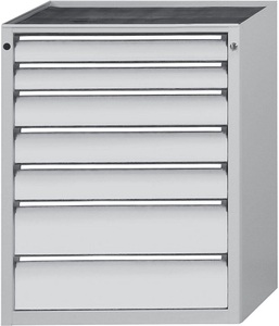 ANKE, ANKE Schubladenschrank BxT 760 x 675 mm, Schubladentraglast 200 kg 7 Schubladen, Höhe 980 mm, Front lichtgrau, ANKE Werkbank Breite 2800 mm, Gestellbauweise, 4 Türen, 8 Schubladen, Stahlblechbelagplatte