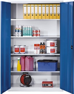 EUROKRAFT, EUROKRAFT Großraumschrank aus Stahlblech mit 4 Fachböden, ohne Sichtlagerkästen Korpus lichtgrau, Türfarbe Enzianblau, eurokraft pro Flügeltürschrank aus Stahlblech, HxBxT 1950 x 1200 x 500 mm, 4 Fachböden, Korpus lichtgrau, Türfarbe Enzianblau