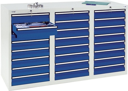 undefined, Schubladenschrank HxBxT 900 x 1500 x 500 mm, 24 Schubladen 100 mm hoch Korpus grau, Schubladen enzianblau, stumpf® Schubladenschrank, Schubladen 24x100 mm, HxBxT 900 x 1.500 x 500 mm, lichtgrau/enzianblau