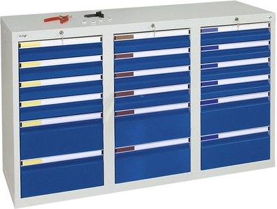 undefined, Schubladenschrank HxBxT 900 x 1500 x 500 mm, 12 Schubladen 100 mm, 6 Schubladen 200 mm hoch Korpus grau, Schubladen enzianblau, stumpf® Schubladenschrank, Schubladen 12x100 + 6x200 mm, HxBxT 900 x 1.500 x 500 mm, lichtgrau/enzianblau