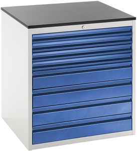 RAU, RAU Werkzeugschrank, Tiefe 650 mm Höhe 820 mm, Schubladen 4 x 60, 4 x 120 mm lichtgrau / enzianblau, Breite 770 mm, RAU Schubladenschrank mit Teleskopführungen, Höhe 820 mm, Schubladen 4 x 60, 4 x 120 mm, lichtgrau / enzianblau, Breite 770 mm
