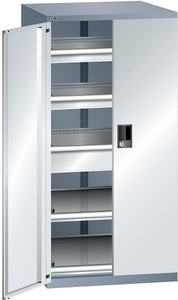 Lista, Lista Schubladenschrank mit Flügeltüren Höhe 1450 mm, 2 Böden, 3 Schubladen, Traglast 200 kg grau metallic / lichtgrau, LISTA Schubladenschrank mit Flügeltüren, Höhe 1450 mm, 2 Böden, 3 Schubladen, Traglast 200 kg, grau metallic / lichtgrau