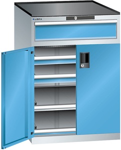 Lista, Lista Schubladenschrank mit Flügeltüren Höhe 1020 mm, 2 Böden, 3 Schubladen, Traglast 200 kg lichtgrau / lichtblau, LISTA Schubladenschrank mit Flügeltüren, Höhe 1020 mm, 2 Böden, 3 Schubladen, Traglast 200 kg, lichtgrau / lichtblau