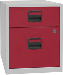 Bisley, BISLEY Mobiler Beistellschrank PFA 1 Schublade, 1 Hängeregistratur lichtgrau / kardinalrot, BISLEY Schubladenschrank mit Materialschub + Hängeregistratur, lichtgraug/kardinalrot