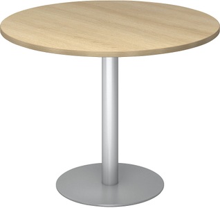 undefined, Besprechungstisch, Ø 1000 mm 755 mm hoch, Gestell silber Platte Eiche-Dekor, Hammerbacher Säulentisch Eiche, Silber Melaminharzbeschichtete Spanplatte STF10 1.000 x 745 mm