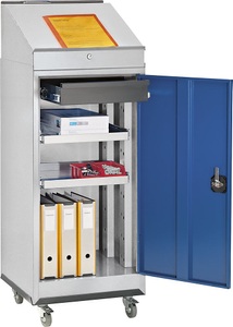 QUIPO, QUIPO Stehpult-Kombiset bestehend aus Werkzeugschrank, Schreibpult und Rolluntersatz Tür enzianblau, eurokraft pro Fahrbares Stehpult, bestehend aus Werkzeugschrank, Schreibpult und Rolluntersatz, Tür enzianblau