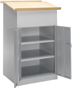 undefined, Industrie-Stehpult mit Flügeltürschrank enzianblau, PAVOY Stehpult mit Schrank + Holzplatte, geschlossen, 2 Einlegeböden