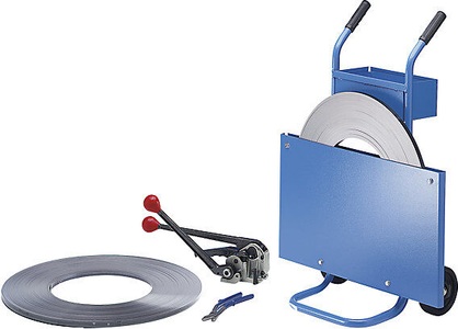 undefined, Umreifungs-Set bestehend aus Bandabroller, Kombiwerkzeug, Stahlband, Stahlbandschere Profi-Set für tägliche Umreifung, ratioform Umreifungs-Set, Stahlband, Spann- und Verschlussgerät, Schere, fahrbarer Abroller, Band, Bandbreite 16 mm