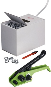 undefined, Umreifungs-Set bestehend aus Polyester-Kraftband, Kraftbandspanngerät, Metallklammern, Packmesser Bandbreite 16 mm, Bandlänge 200 m, Umreifungsset Einsteiger für PET-Kraftband, für Bandbreite 16 mm