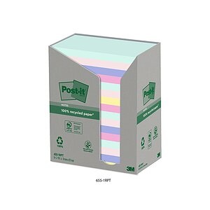 POST-IT, Post-it Haftnotizen Farbig Sortiert 76 x 127 mm 100 Blatt 16 Stück, Post-it Notizzettel Recycling Notes 7.6 x 12.7 cm, 16 Blöcke