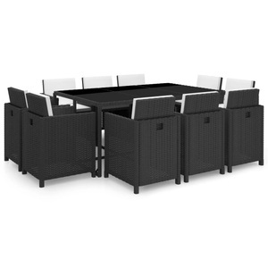Diverse Hardware, 11-tlg. Garten-Essgruppe mit Auflagen Poly Rattan Schwarz