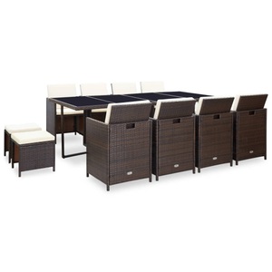 Diverse Hardware, 13-tlg. Garten-Essgruppe mit Auflagen Poly Rattan Braun, 