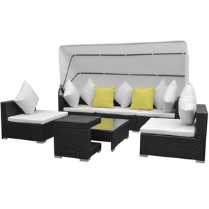 Diverse Hardware, 7-tlg. Garten-Lounge-Set mit Sonnendach Poly Rattan Schwarz