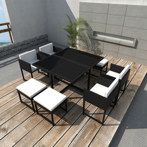 Diverse Hardware, 9-tlg. Garten-Essgruppe mit Auflagen Poly Rattan Schwarz