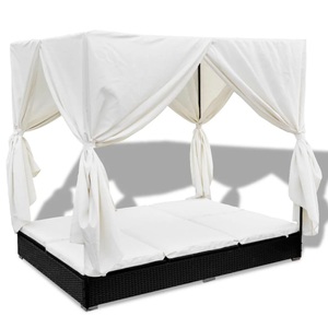 Diverse Hardware, Outdoor-Loungebett mit Vorhang Poly Rattan Schwarz, vidaXL Outdoor-Loungebett mit Vorhang Poly Rattan Schwarz