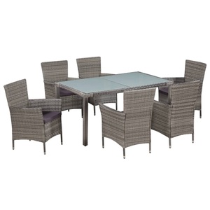 Diverse Hardware, 7-tlg. Garten-Essgruppe mit Auflagen Poly Rattan Grau