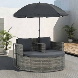 Diverse Hardware, 2-Sitzer-Gartensofa mit Auflagen und Sonnenschirm Grau Poly Rattan