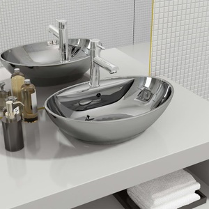 vidaXL, vidaXL Waschbecken mit Überlauf 58,5 x 39 x 21 cm Keramik Silbern, vidaXL Waschbecken mit Überlauf 58,5 x 39 x 21 cm Keramik Silbern