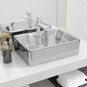 Diverse Hardware, Waschbecken mit Wasserhahnloch 48x37x13,5cm Keramik Silbern, vidaXL Waschbecken mit Wasserhahnloch 48x37x13,5cm Keramik Silbern