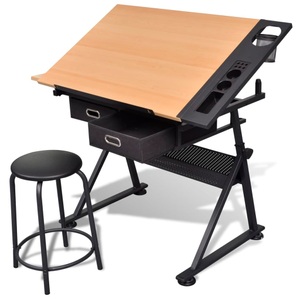 Diverse Hardware, Zeichentisch mit neigbarer Tischplatte 2 Schubladen und Hocker, vidaXL Zeichentisch mit neigbarer Tischplatte 2 Schubladen und Hocker