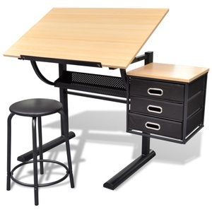 Diverse Hardware, Zeichentisch mit neigbarer Tischplatte 3 Schubladen und Hocker, vidaXL Zeichentisch mit neigbarer Tischplatte 3 Schubladen und Hocker