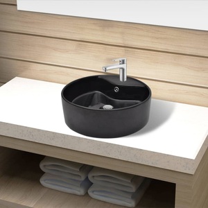 vidaXL, vidaXL Keramik Waschbecken Hahnloch/Überlaufloch schwarz rund, vidaXL Keramik Waschbecken Hahnloch/Überlaufloch schwarz rund