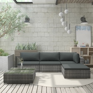 Diverse Hardware, 5-tlg. Garten-Lounge-Set mit Auflagen Poly Rattan Grau