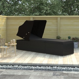 Diverse Hardware, Sonnenliege mit Sonnenschutz und Auflage Poly Rattan Schwarz