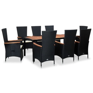 vidaXL, vidaXL 9-tlg. Garten-Essgruppe mit Auflagen Poly Rattan Schwarz