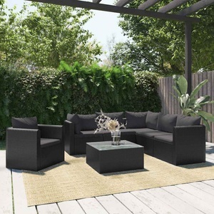 Diverse Hardware, 7-tlg. Garten-Lounge-Set mit Auflagen Poly Rattan Schwarz