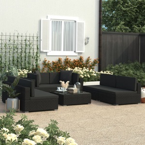 Diverse Hardware, 7-tlg. Garten-Lounge-Set Schwarz mit Auflagen Poly Rattan