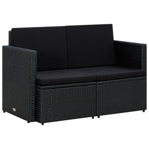 Diverse Hardware, 2-Sitzer-Gartensofa mit Auflagen Schwarz Poly Rattan