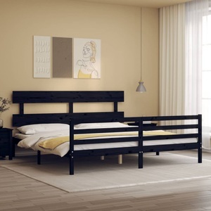vidaXL, vidaXL Massivholzbett mit Kopfteil Schwarz 200x200 cm, vidaXL Massivholzbett mit Kopfteil Schwarz 200x200 cm