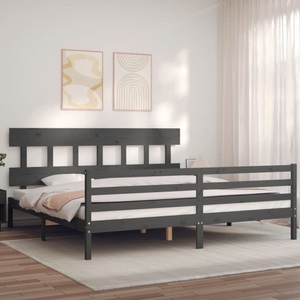 vidaXL, vidaXL Massivholzbett mit Kopfteil Grau 200x200 cm, vidaXL Massivholzbett mit Kopfteil Grau 200x200 cm