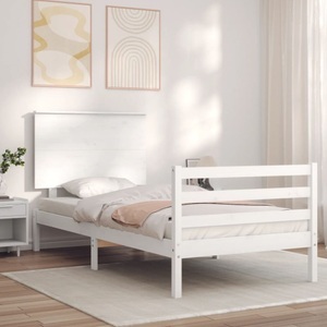 vidaXL, vidaXL Massivholzbett mit Kopfteil Weiß 3FT Single, vidaXL Massivholzbett mit Kopfteil Weiß