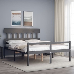 vidaXL, vidaXL Bettgestell mit Kopfteil Grau 5FT King Massivholz