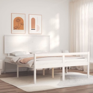 vidaXL Bettgestell mit Kopfteil Weiß 5FT King Massivholz
