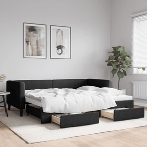 vidaXL, vidaXL Tagesbett Ausziehbar mit Schubladen Schwarz 90x200 cm Stoff, vidaXL Tagesbett Ausziehbar mit Schubladen Schwarz 90x200 cm Stoff