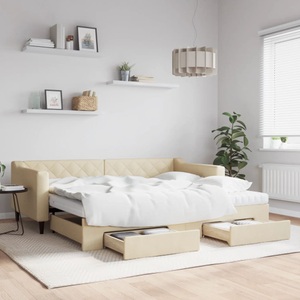 vidaXL, vidaXL Tagesbett Ausziehbar mit Schubladen Creme 90x200 cm Stoff