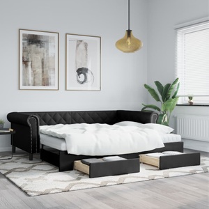 vidaXL, vidaXL Tagesbett Ausziehbar mit Schubladen Schwarz 90x200cm Kunstleder, vidaXL Tagesbett Ausziehbar mit Schubladen Schwarz 90x200cm Kunstleder