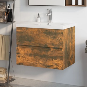 vidaXL, vidaXL Waschbeckenschrank mit Einbaubecken Räuchereiche Holzwerkstoff, vidaXL Waschbeckenschrank mit Einbaubecken Räuchereiche Holzwerkstoff