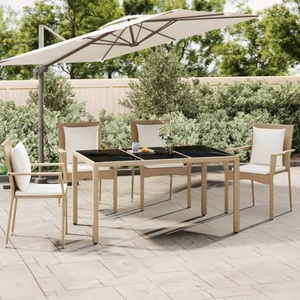 vidaXL, vidaXL Gartentisch mit Glasplatte Beige Poly Rattan & Hartglas, vidaXL Gartentisch mit Glasplatte Beige Poly Rattan & Hartglas