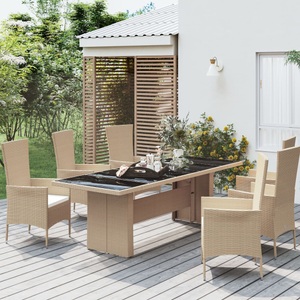 vidaXL, vidaXL Gartentisch mit Glasplatte Beige Poly Rattan & Hartglas